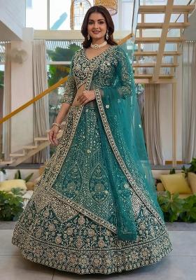 Green Sequin Work Net Lehenga Set