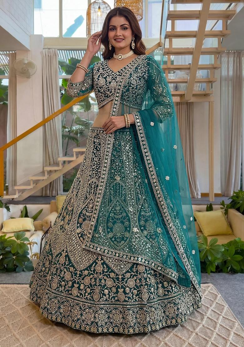 Green Sequin Work Net Lehenga Set - Indya