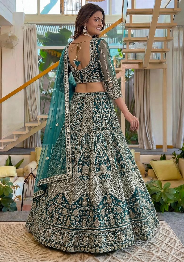 Green Sequin Work Net Lehenga Set - Indya