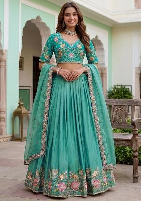 Green Embroidered Organza Lehenga Set