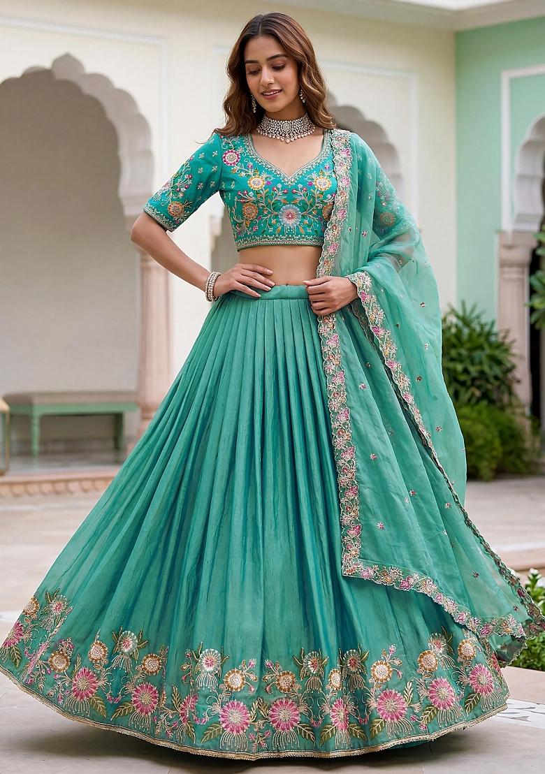 Green Embroidered Organza Lehenga Set - Indya