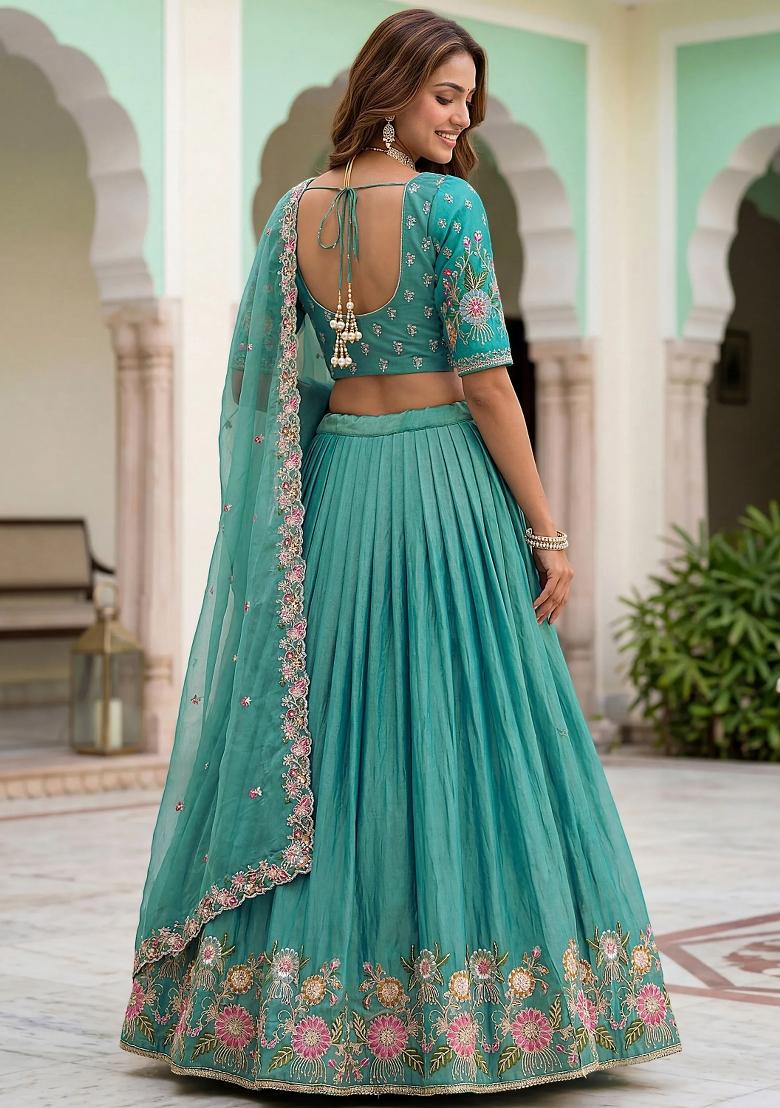 Green Embroidered Organza Lehenga Set - Indya