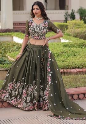 Green Zari Work Crushed Lehenga Set