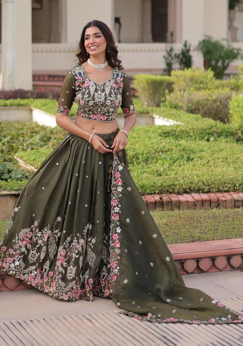 Green Zari Work Crushed Lehenga Set - Indya