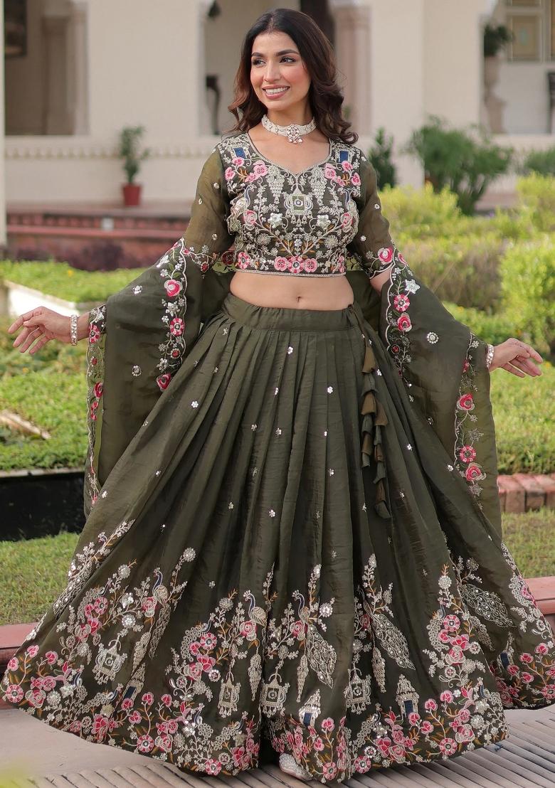 Green Zari Work Crushed Lehenga Set - Indya