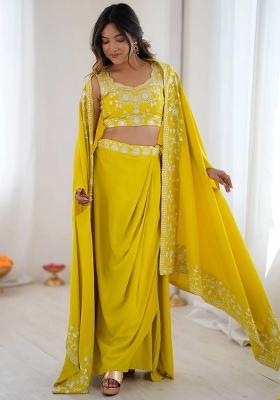 Yellow Embroidered Crepe Lehenga Set