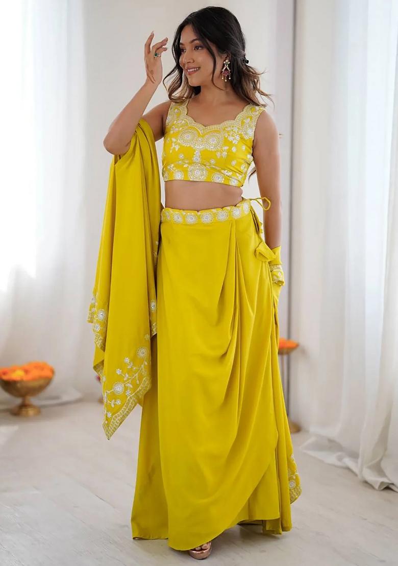 Yellow Embroidered Crepe Lehenga Set - Indya