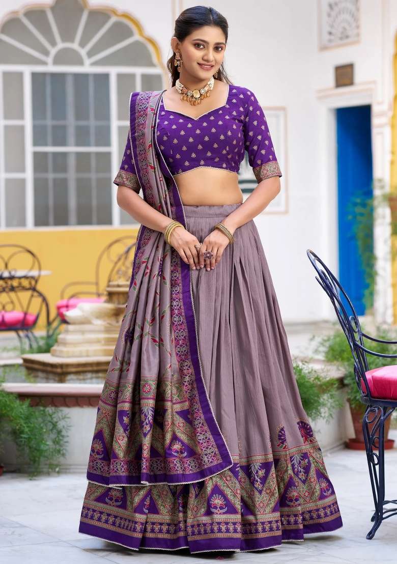 Purple Printed Silk Lehenga Set - Indya