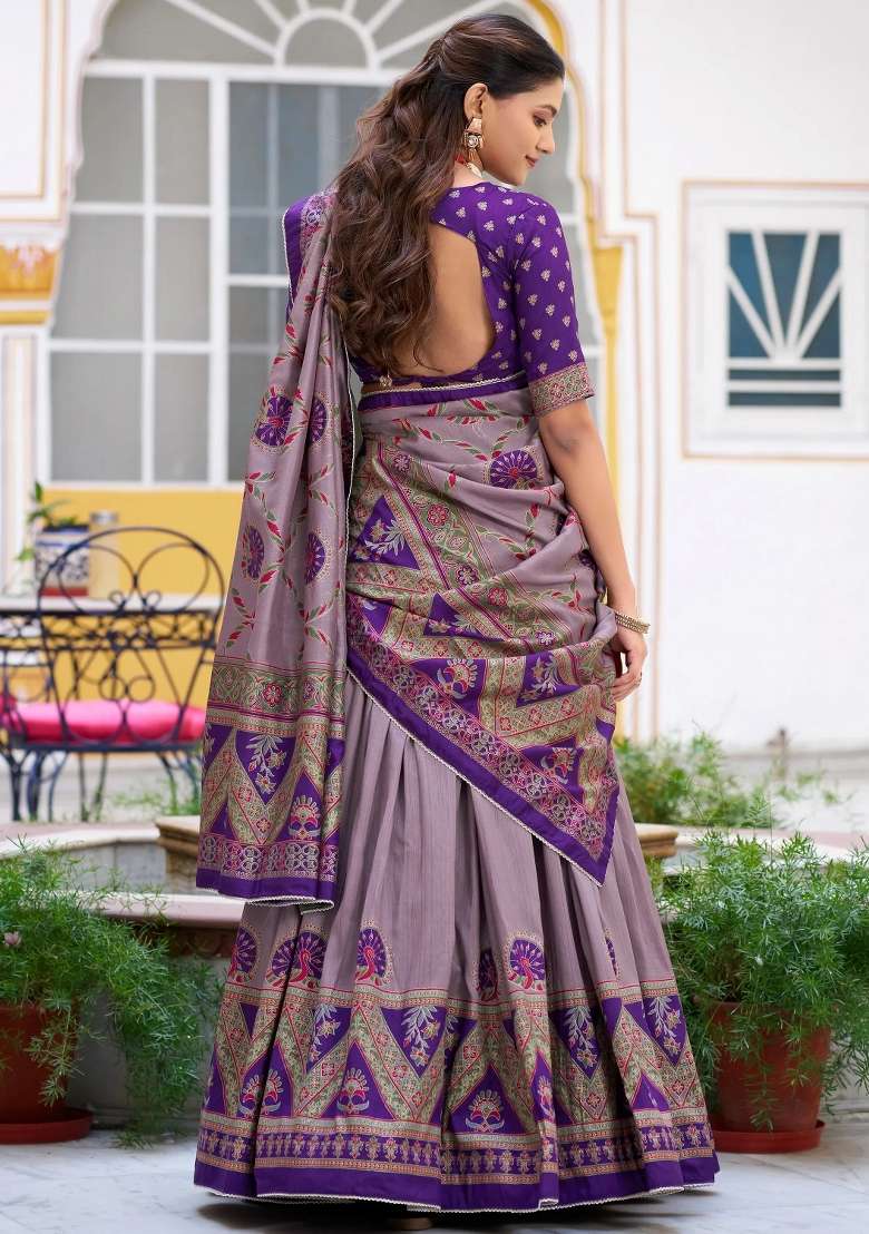 Purple Printed Silk Lehenga Set - Indya