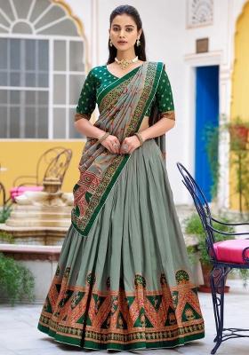 Green Printed Silk Lehenga Set
