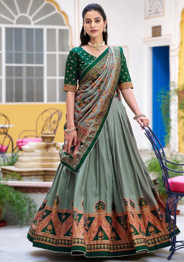Green Printed Silk Lehenga Set - Indya