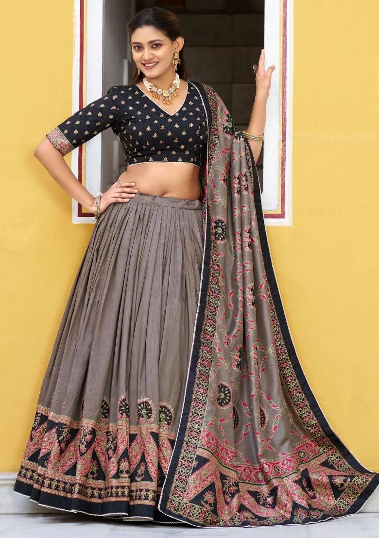 Black Silk Lehenga Set with Printed for Diwali | Wedding & Festive Wear - Indya