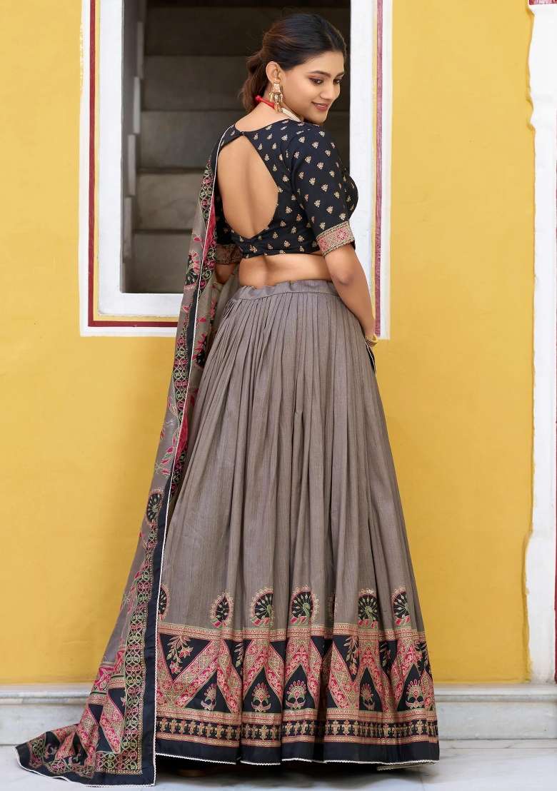Black Silk Lehenga Set with Printed for Diwali | Wedding & Festive Wear - Indya