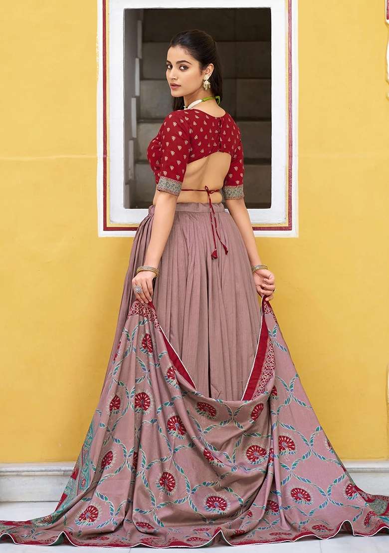 Maroon Printed Silk Lehenga Set - Indya