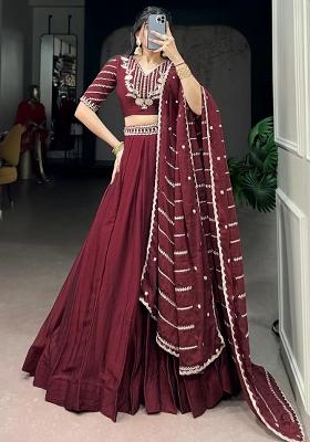 Maroon Embroidered Crushed Lehenga Set