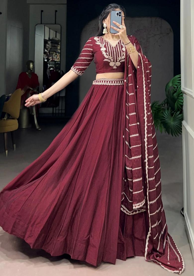 Maroon Embroidered Crushed Lehenga Set - Indya