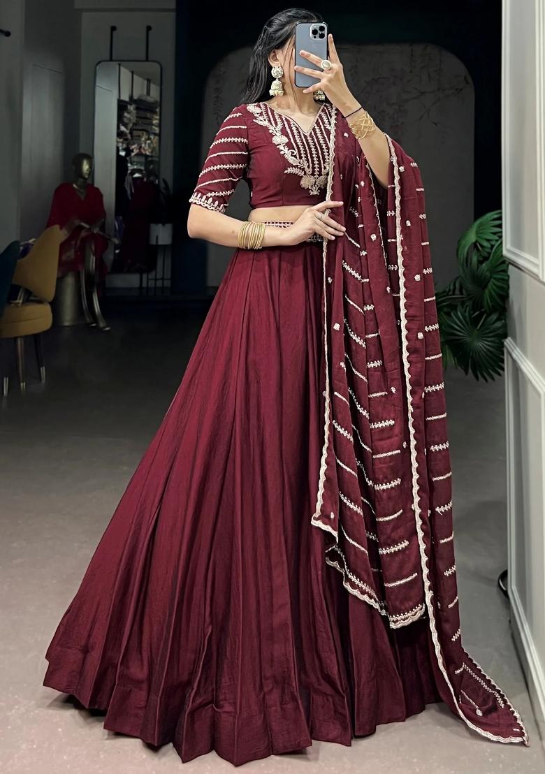 Maroon Embroidered Crushed Lehenga Set - Indya