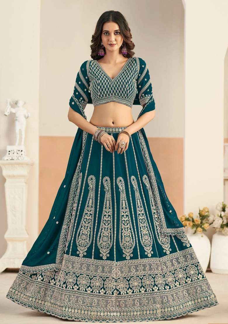 Green Work Georgette Lehenga Set with Sequin for Diwali | Wedding & Festive Wear - Indya