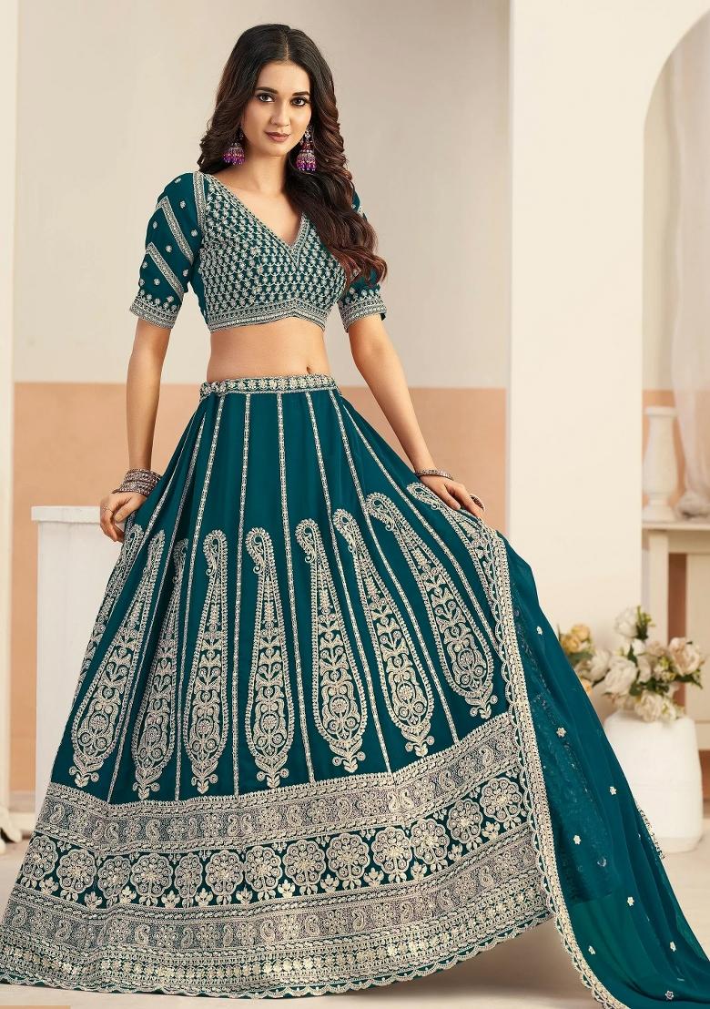 Green Sequin Work Georgette Lehenga Set - Indya