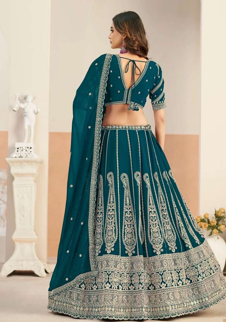 Green Work Georgette Lehenga Set with Sequin for Diwali | Wedding & Festive Wear - Indya
