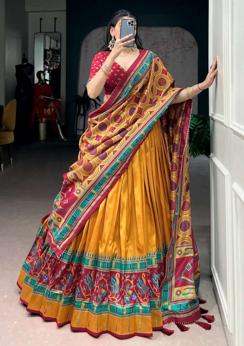 Yellow Printed Silk Lehenga Set - Indya