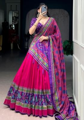 Pink Printed Silk Lehenga Set