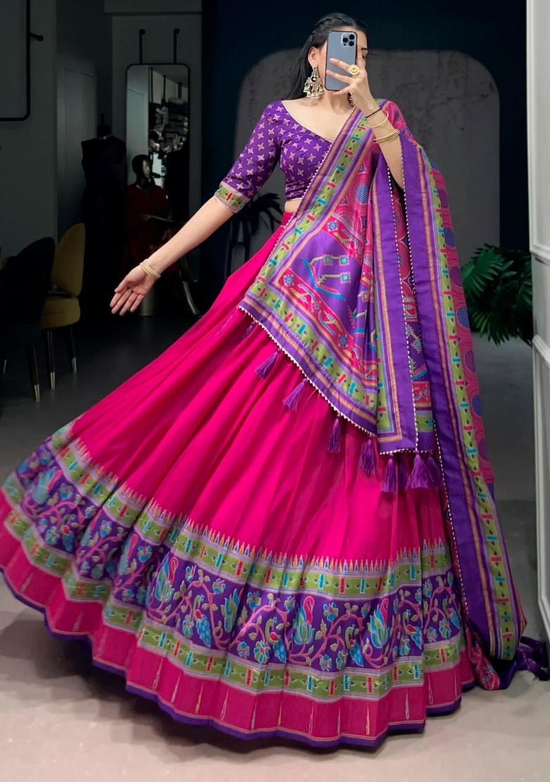 Pink Printed Silk Lehenga Set - Indya