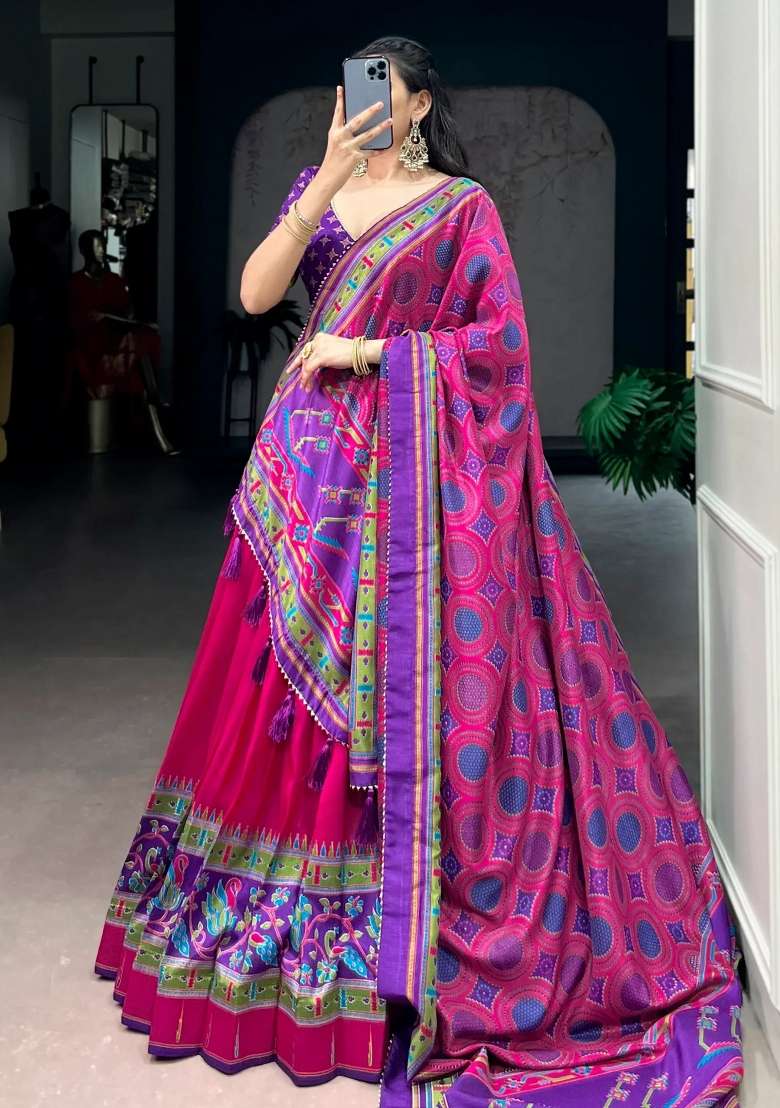 Pink Printed Silk Lehenga Set for Diwali and Festive Wear - Indya