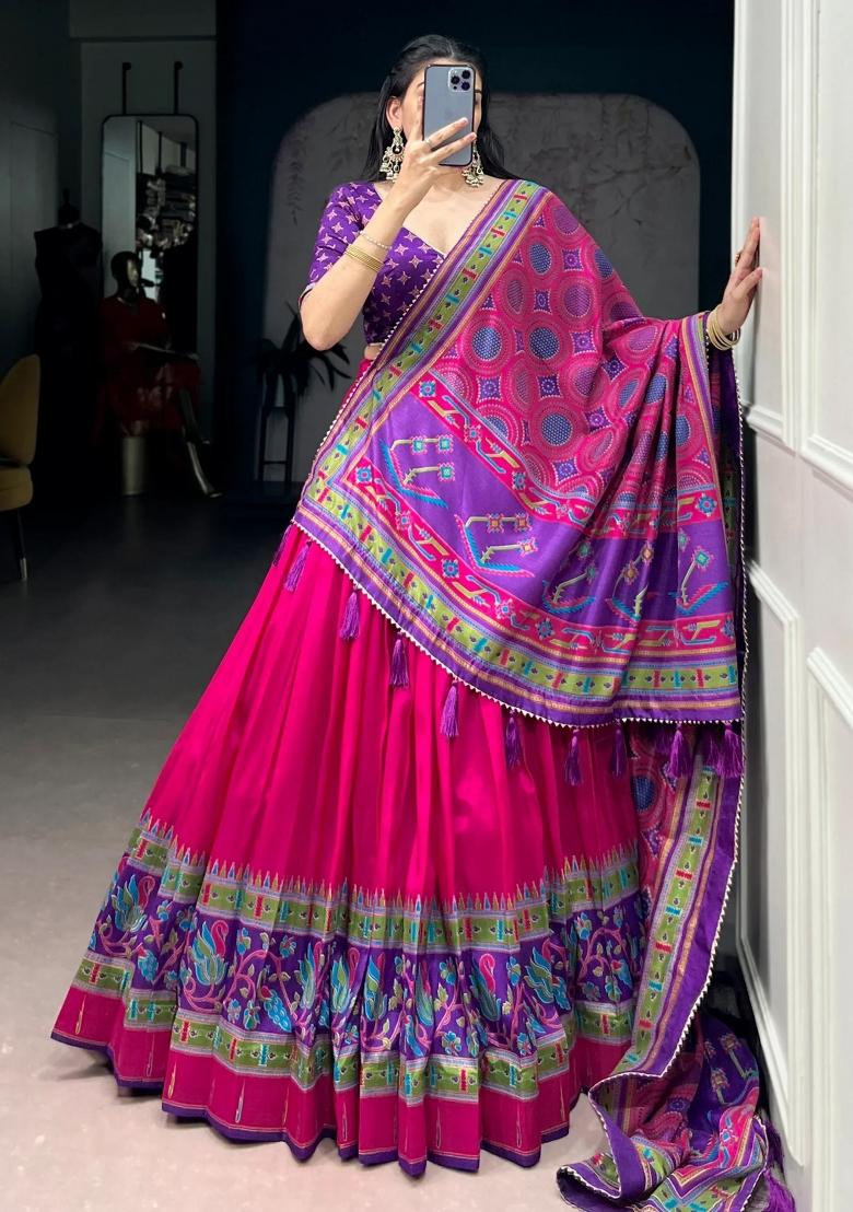 Pink Printed Silk Lehenga Set - Indya