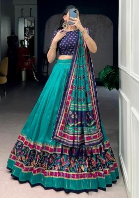 Green Printed Silk Lehenga Set