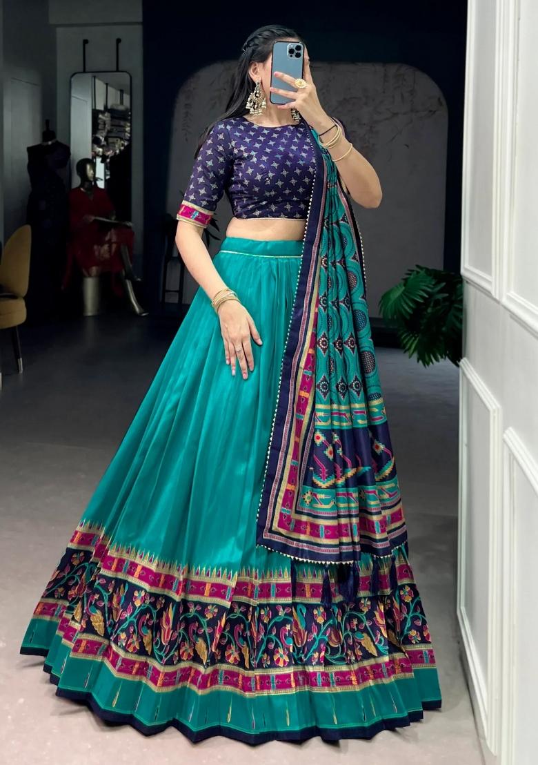 Green Printed Silk Lehenga Set - Indya