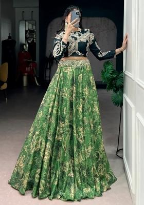 Green Printed Silk Lehenga Set
