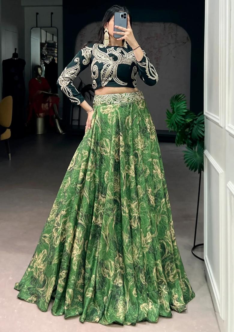 Green Printed Silk Lehenga Set - Indya