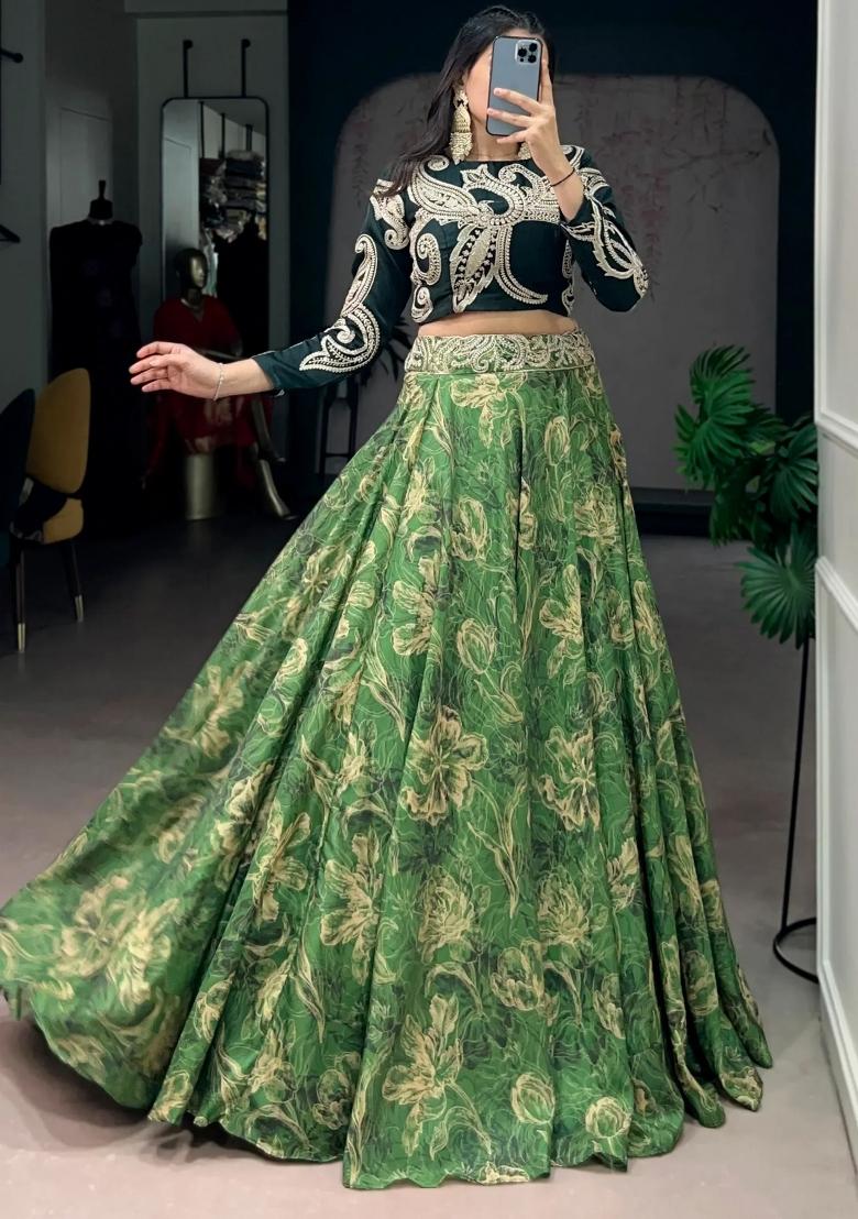 Green Printed Silk Lehenga Set - Indya