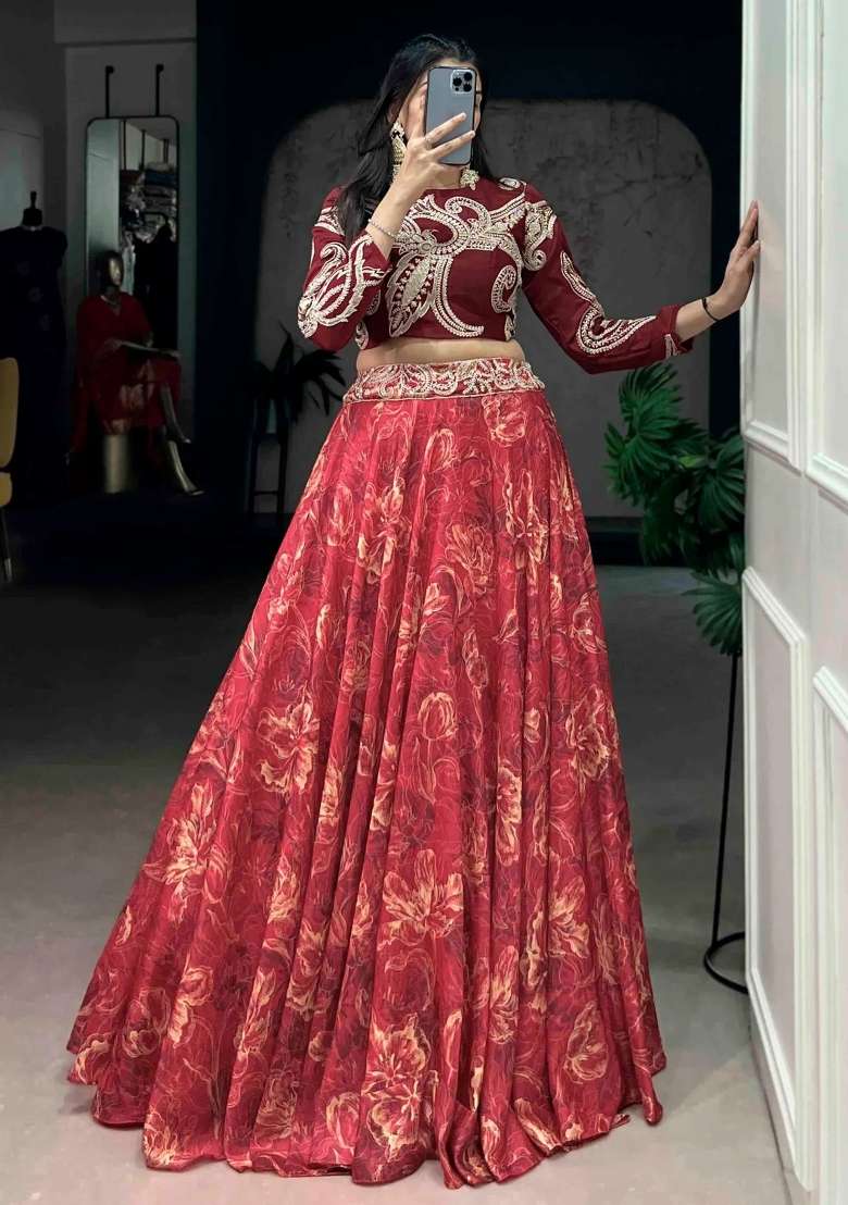 Red Printed Silk Lehenga Set - Indya