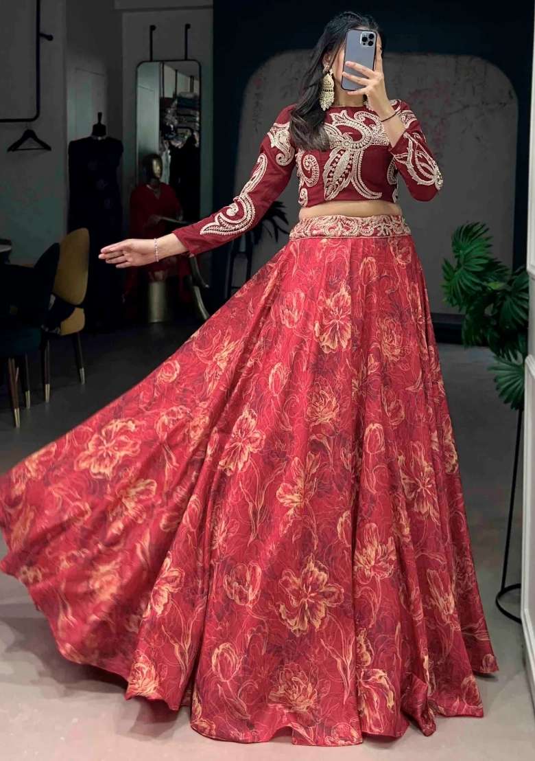 Red Printed Silk Lehenga Set - Indya