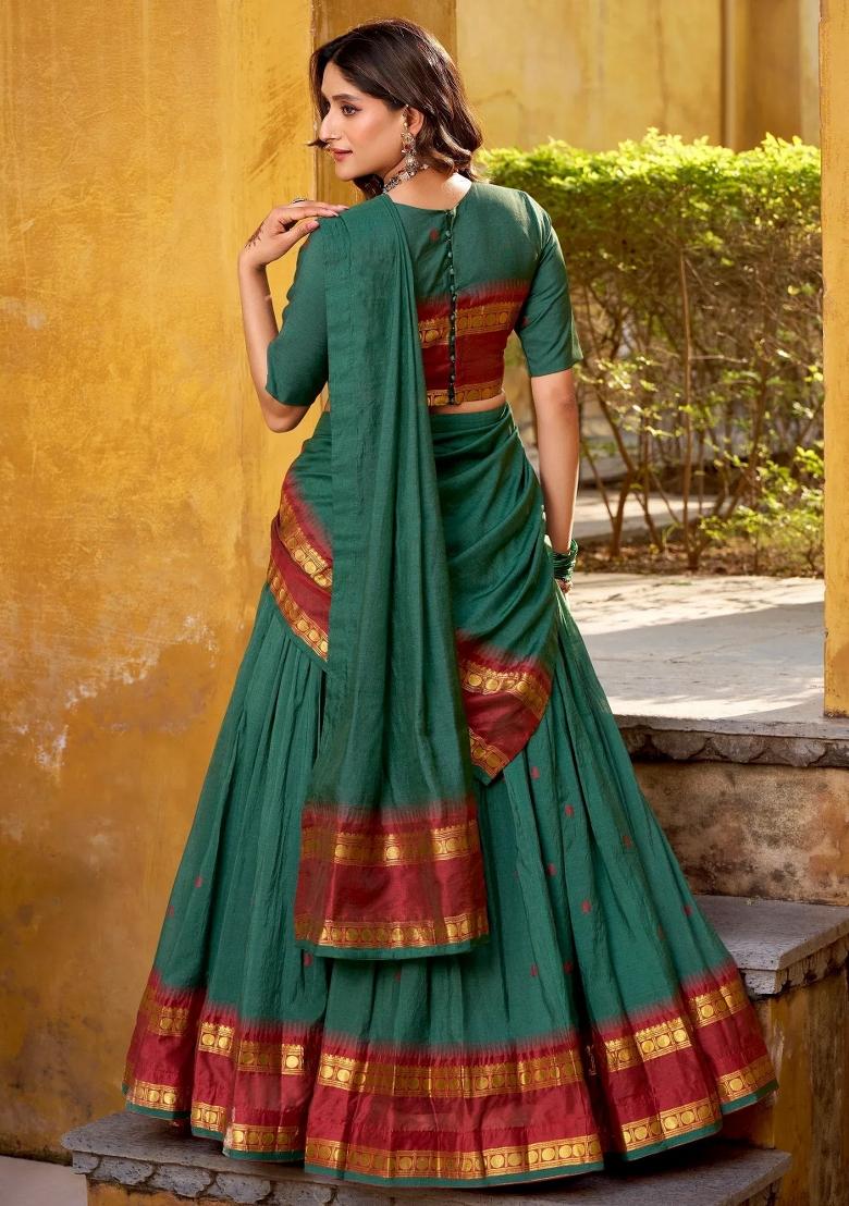 Green Zari Work Silk Lehenga Set - Indya