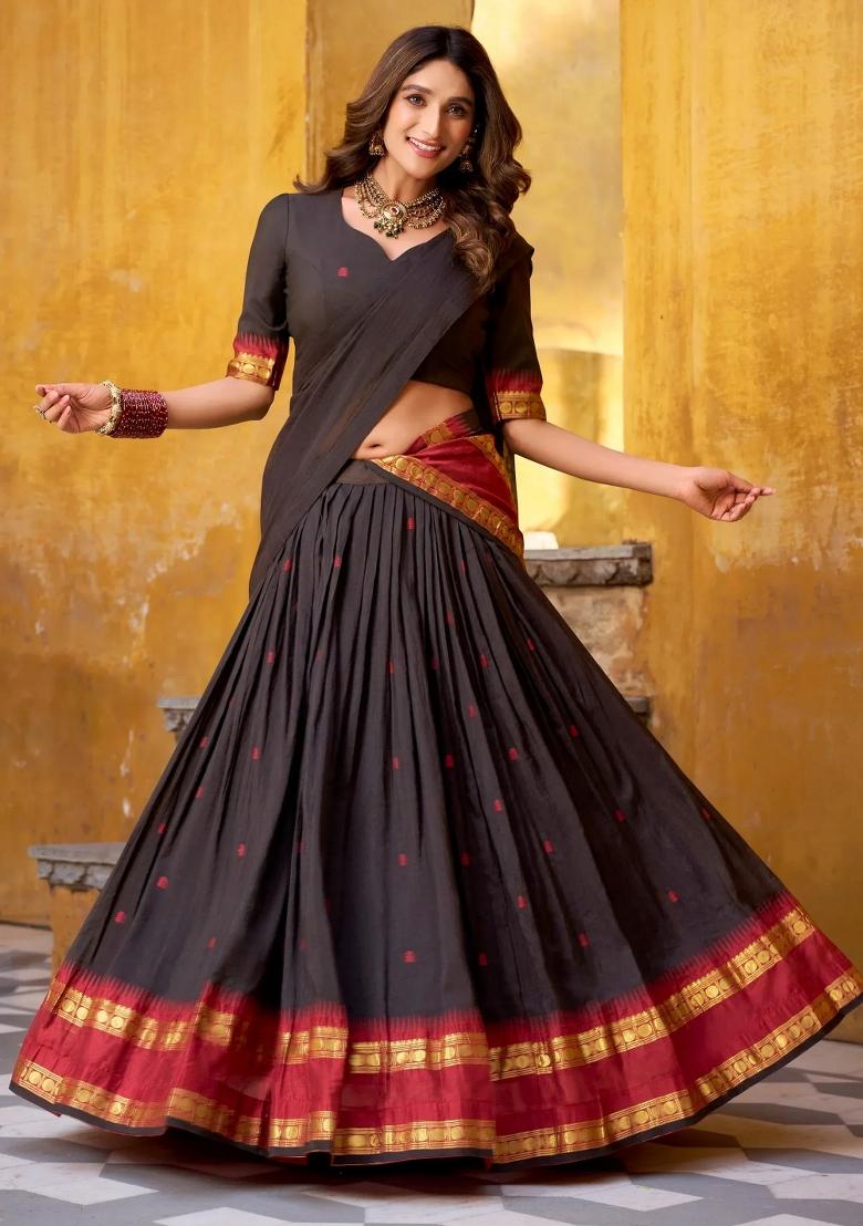 Black Zari Work Silk Lehenga Set - Indya