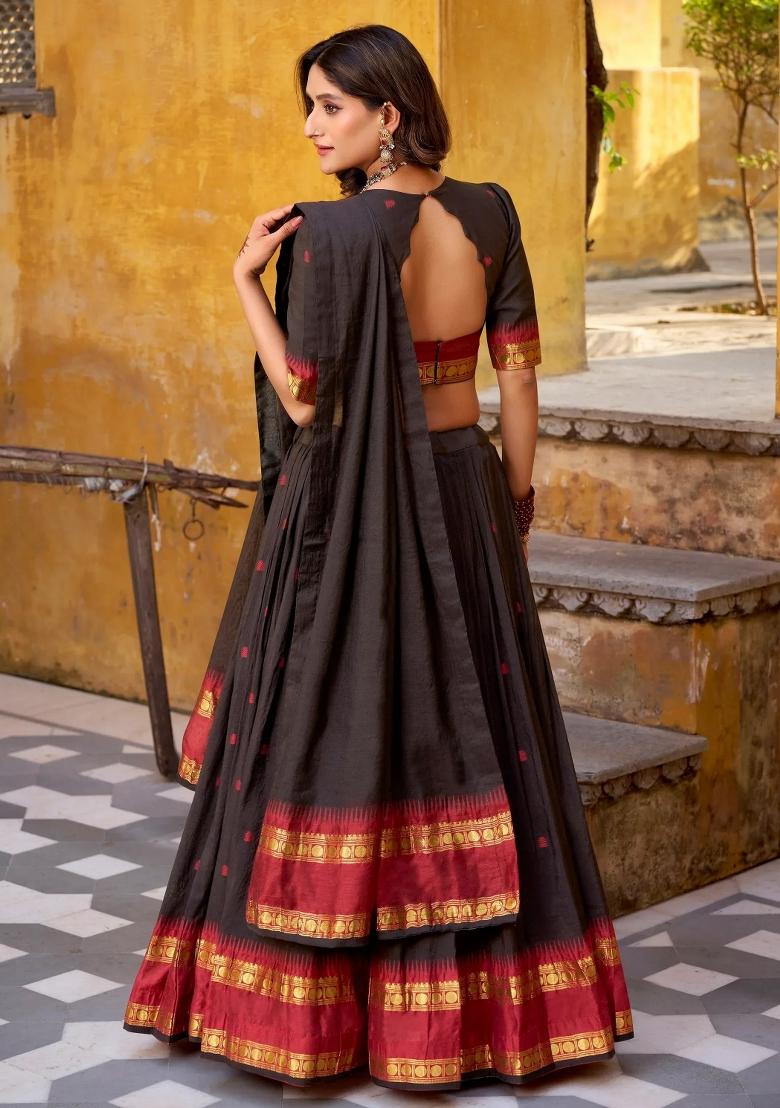 Black Zari Work Silk Lehenga Set - Indya