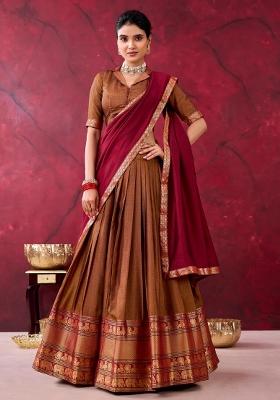Brown Zari Work Cotton Lehenga Set