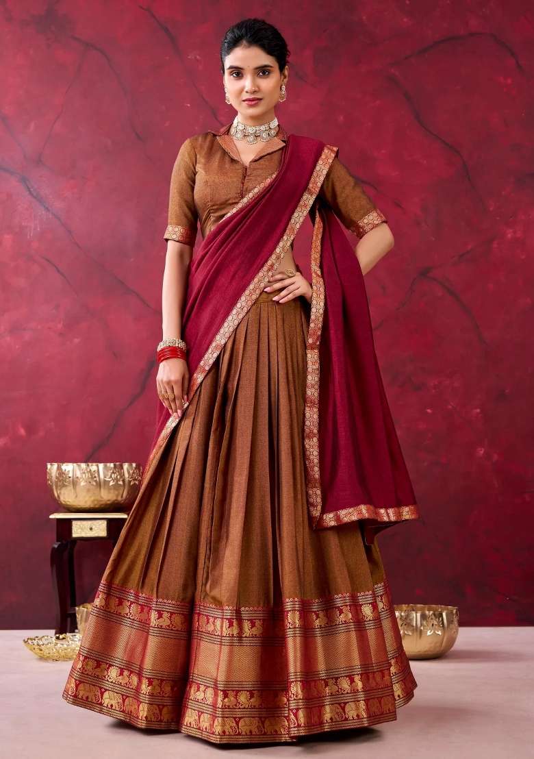 Brown Cotton Lehenga Set with Zari Work for Diwali | Wedding & Festive Wear - Indya