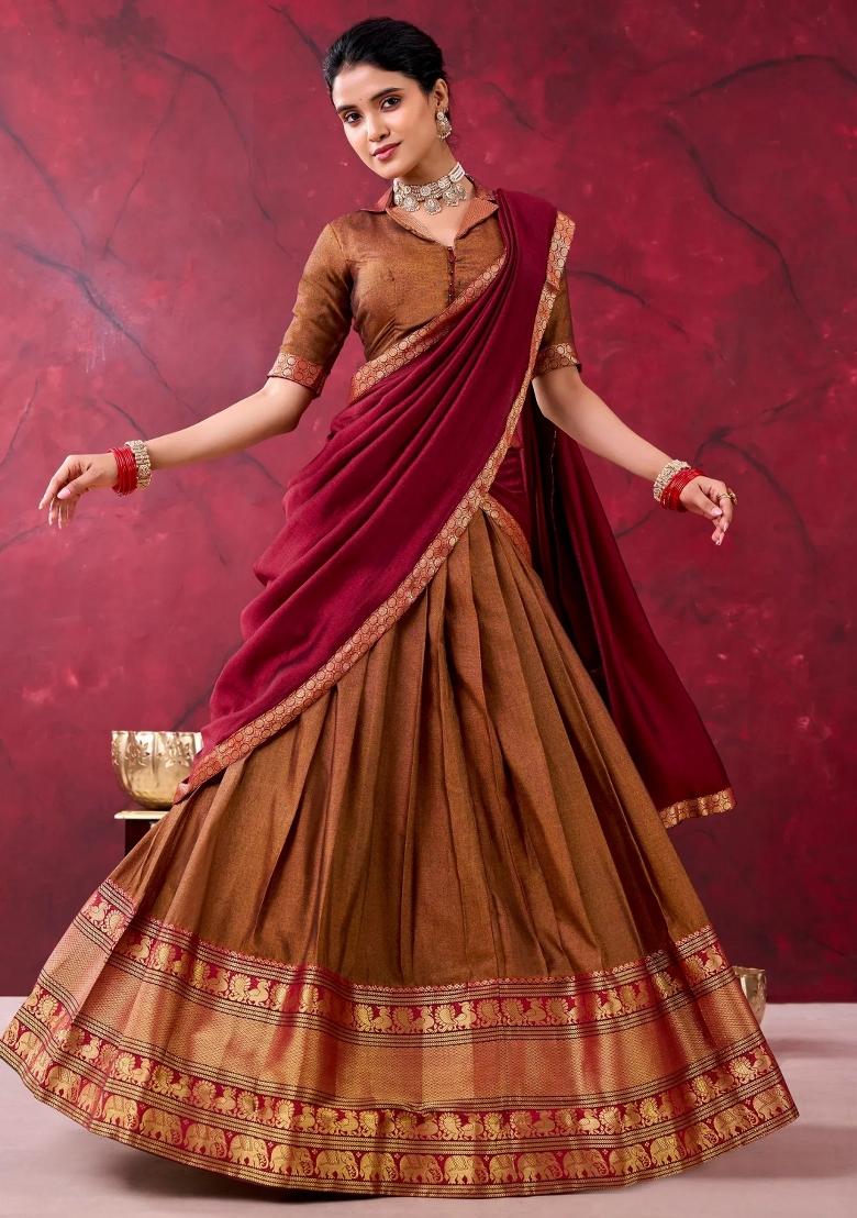 Brown Zari Work Cotton Lehenga Set - Indya
