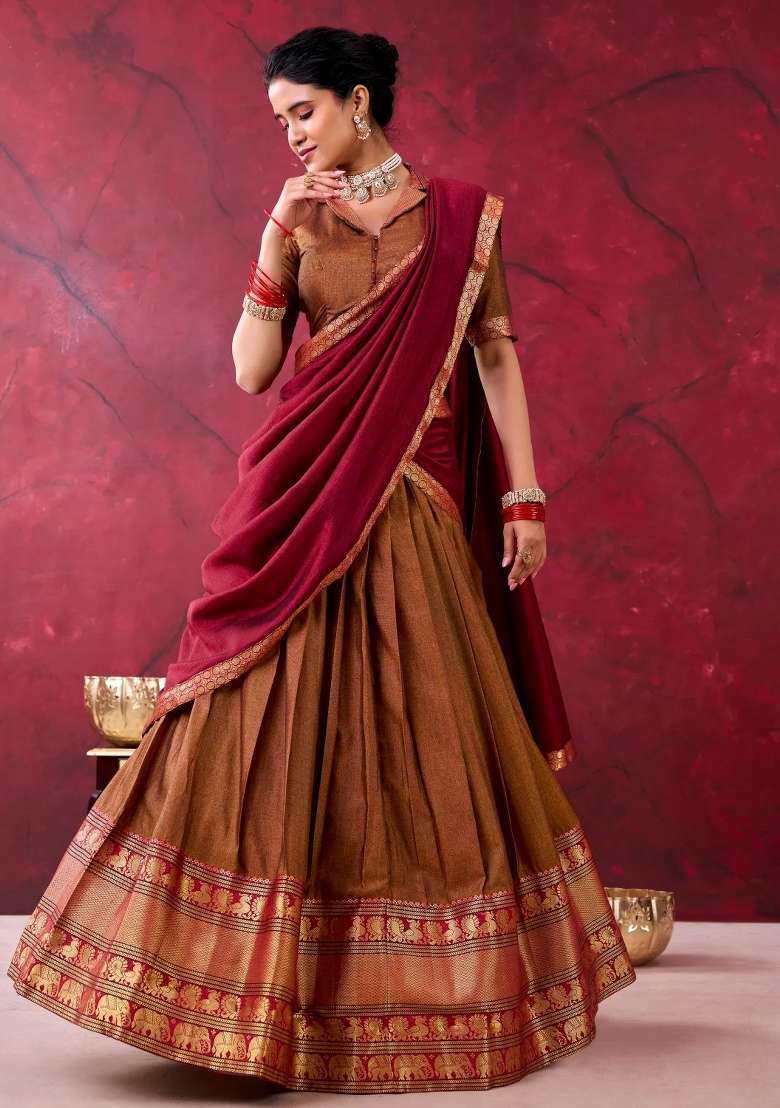 Brown Cotton Lehenga Set with Zari Work for Diwali | Wedding & Festive Wear - Indya