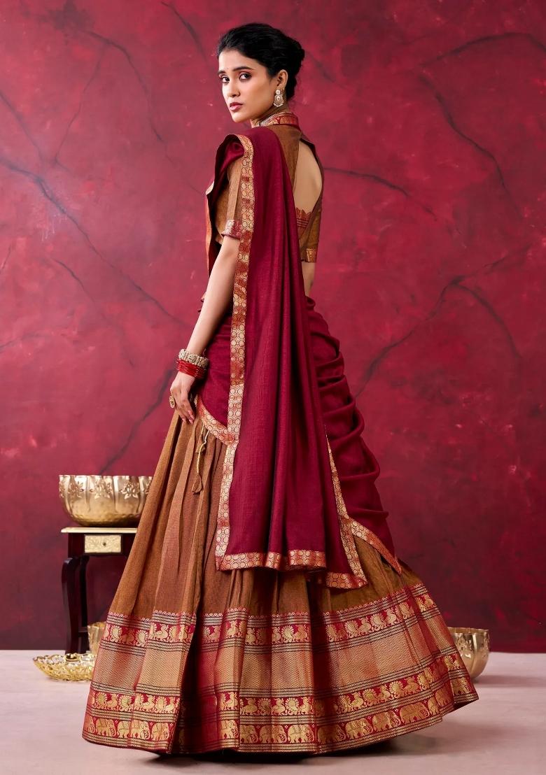 Brown Zari Work Cotton Lehenga Set - Indya