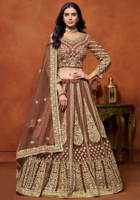 Brown Zari Work Net Lehenga Set