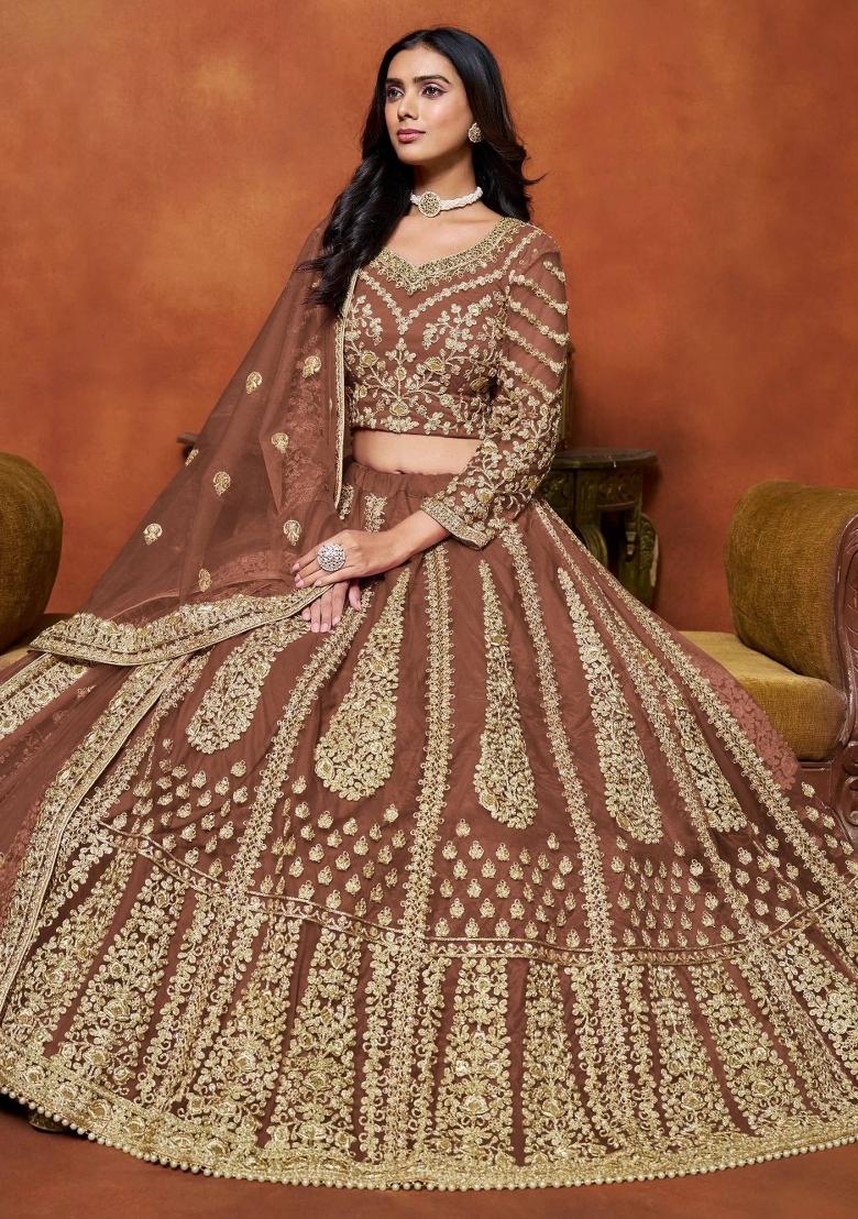 Brown Zari Work Net Lehenga Set - Indya