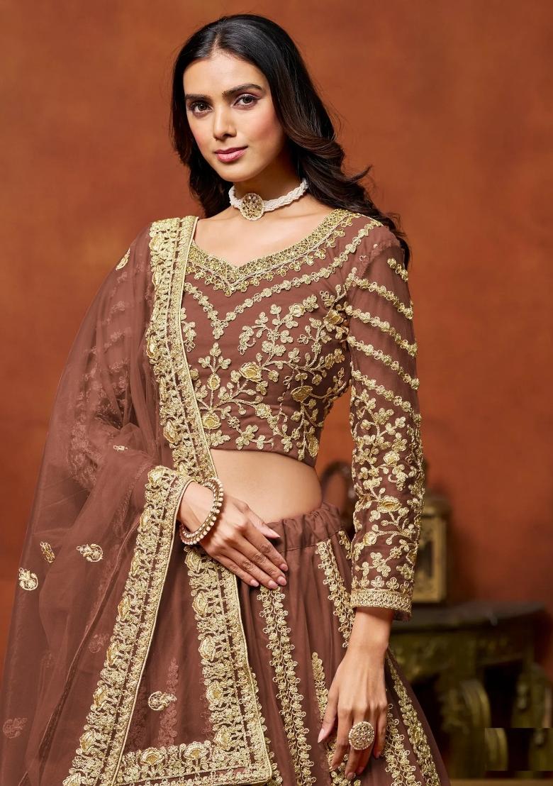 Brown Zari Work Net Lehenga Set - Indya