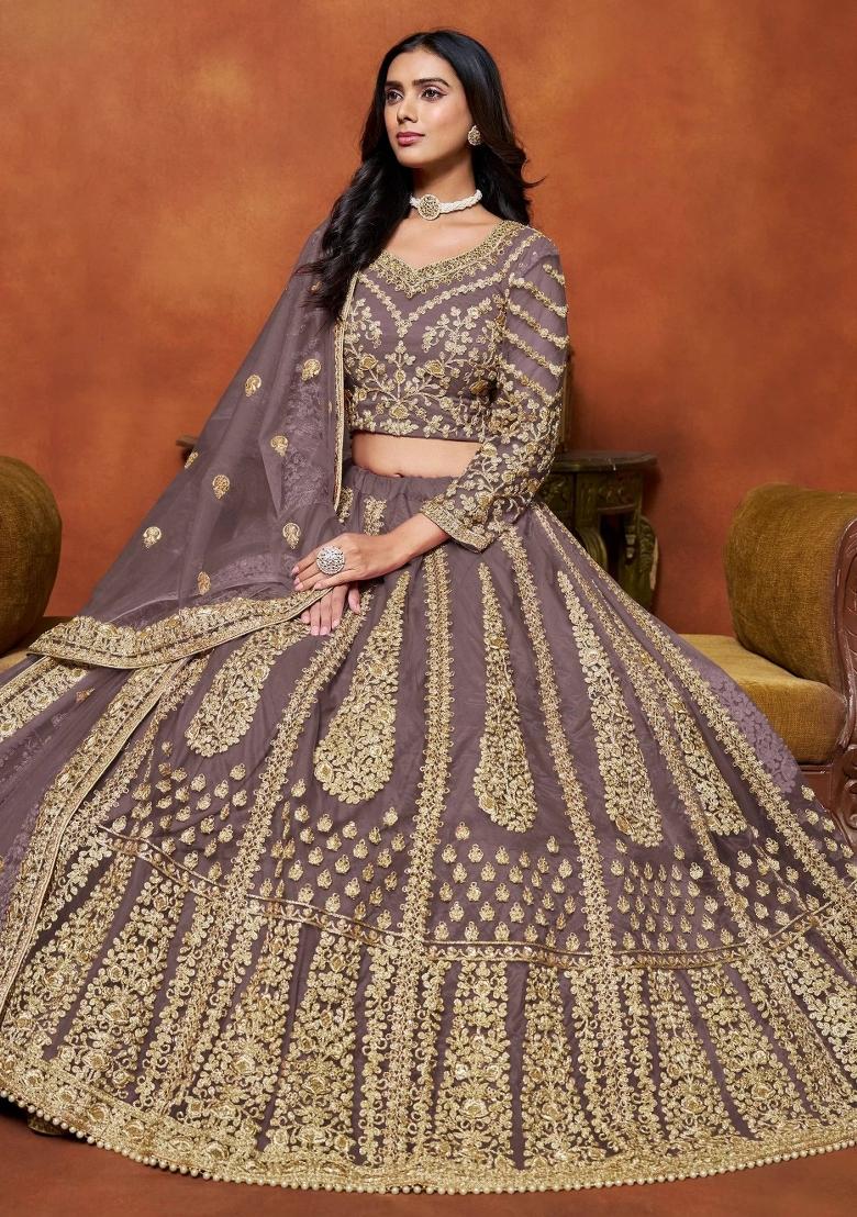Lavender Zari Work Net Lehenga Set - Indya