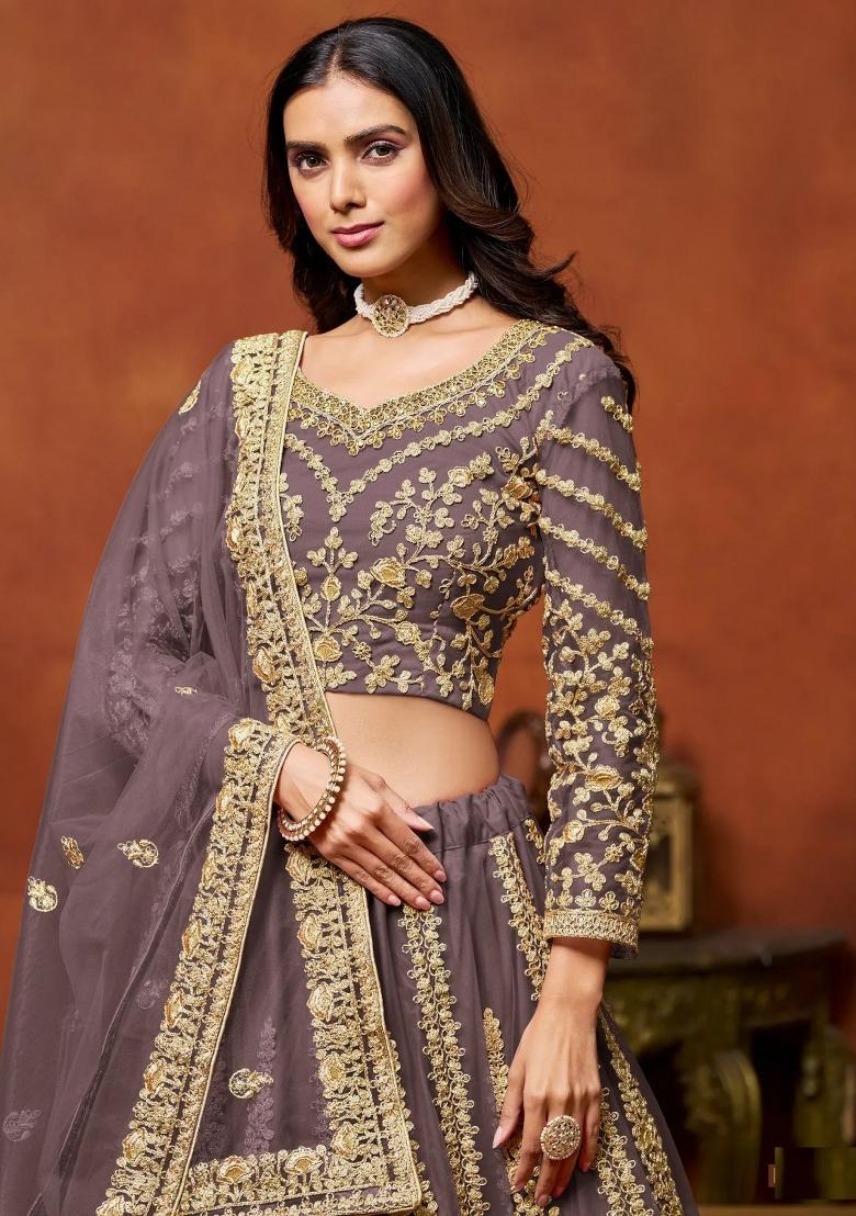 Lavender Zari Work Net Lehenga Set - Indya