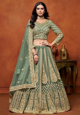 Green Zari Work Net Lehenga Set